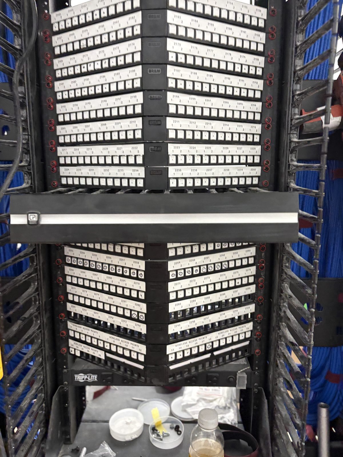 Close detail of labeled front-facing patch panel ports