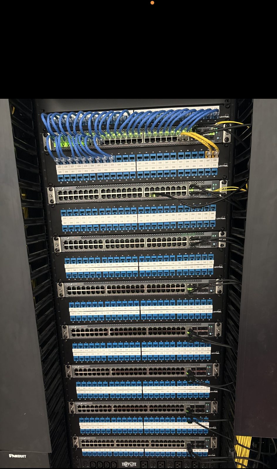 Front of rack with blue patch cabling and fully labeled high-density panels