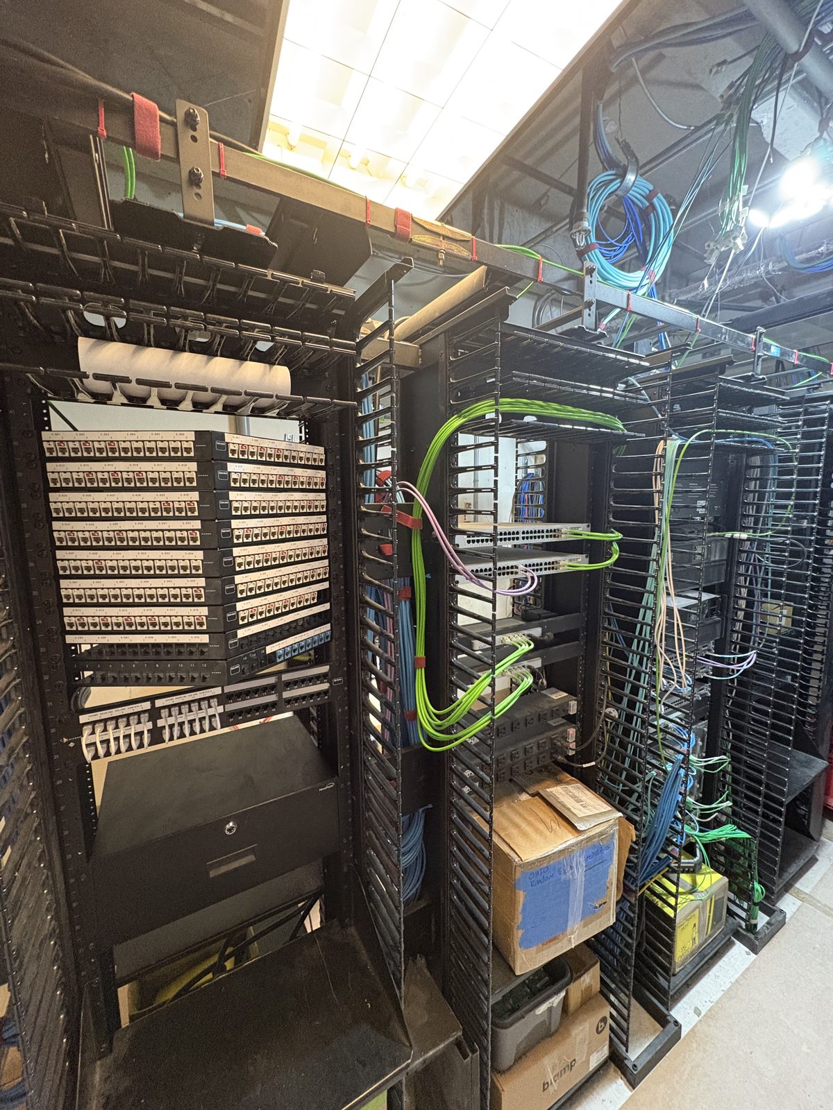Clean rack of labeled patch panels, switches, and fiber after the rebuild